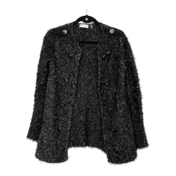 Point Zero Sweaters - Point Zero Black Bouclé Eyelash Knit Jacket Cardigan Military Button Detail P/S